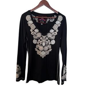 Johnny Was Los Angeles Embroidered V-Neck Long Sleeve Shirt Cotton Black Size M